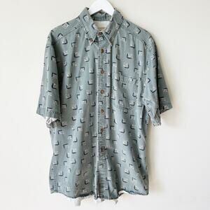 Vintage Woolrich Rugged Outerwear Button Up Men Size L Green 1980s Novelty Print